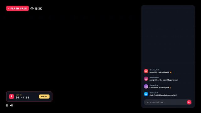 4k animated flash sale countdown timer with a live streaming social media chat sidebar overlay on a transparent background for marketing