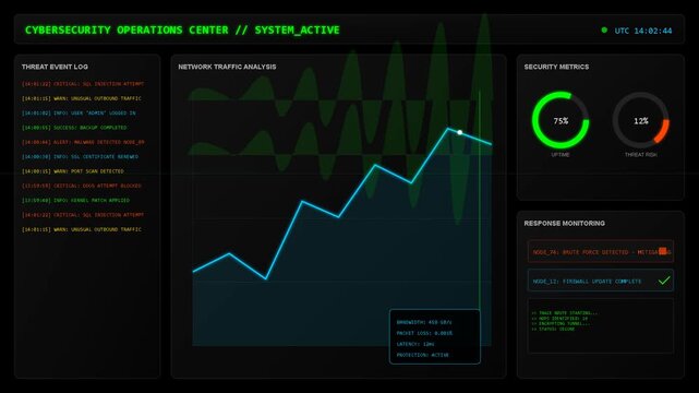 Cybersecurity operations center interface displaying live network monitoring data, real-time threat analysis, dashboard metrics, system activity