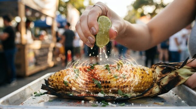 Hand squeezing lime juice onto grilled corn on the cob at an outdoor food market
