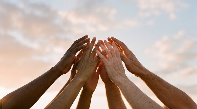 Diverse Hands Reaching Upward Together Against Sky