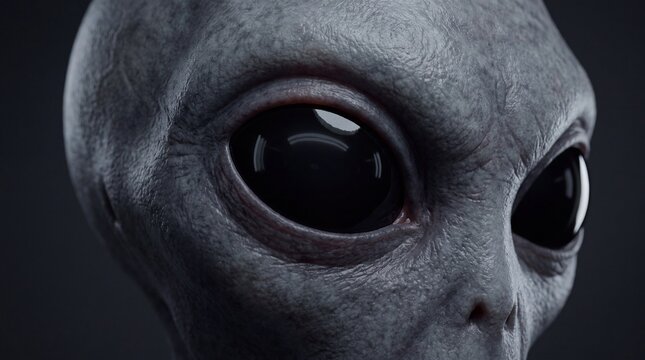 Close-up portrait of a realistic grey alien head with large black eyes.