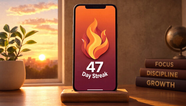 Smartphone displaying 47 day streak achievement with flame icon on desk during sunset with focus discipline growth books nearby