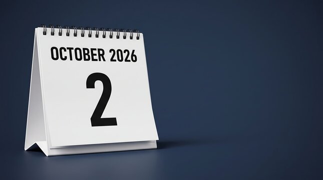 October 2 2026 calendar page on desk, white spiral flip calendar showing second day of October 2026, minimalist date reminder on dark blue background, professional time management concept