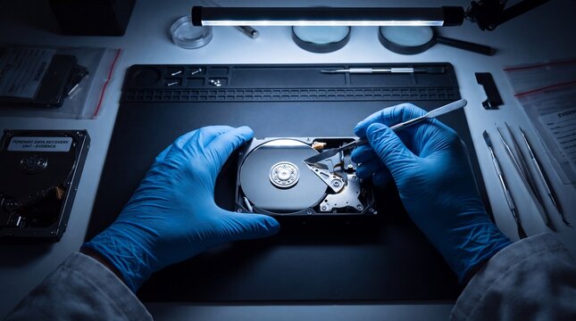 Forensic technician examining computer hard drive components in laboratory setting.