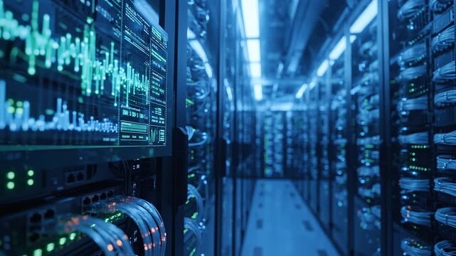 Backlit Server Racks in a Modern Data Center, Slow Tracking Close-up Reveals Blinking Leds, Cable Arrays and a Digital Monitoring Screen secure Cloud Infrastructure Powering Big Data Innovation.