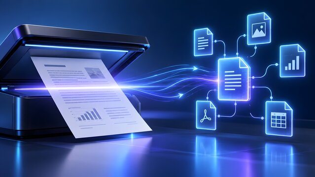 Office scanner converting physical paper document into digital file network representing data digitization process