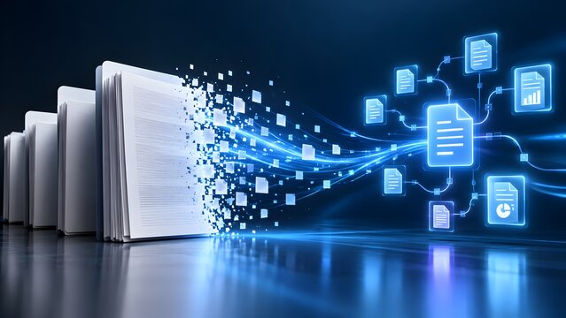 Physical file folders disintegrating into digital pixels and electronic document network representing data migration