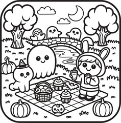 Fototapeta premium Halloween coloring page for kids with cute cottage, smiling pumpkins and friendly ghosts, black and white line art illustration