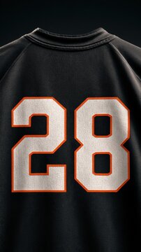 A sports jersey displays the number 28 on its back against a dark background in a minimal render style.