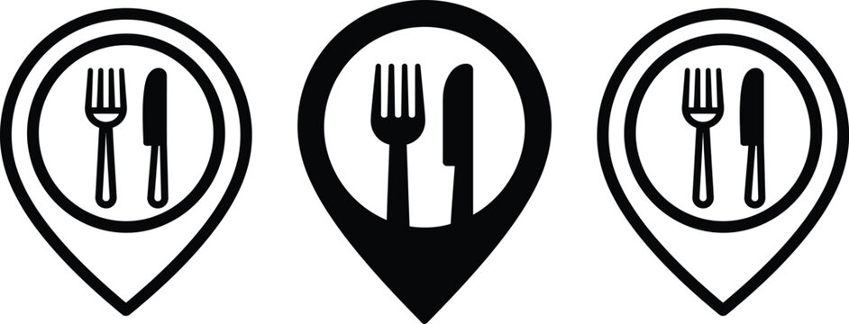 Restaurant location pins with fork and knife icons restaurant finding food service eating out restaurant location navigation destination