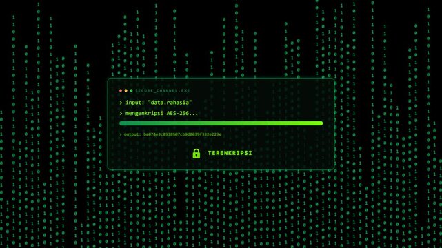 Cyber Security Data Encryption Process Interface with Green Matrix Binary Code Rain Background