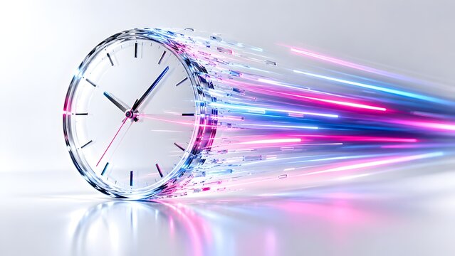 Transparent glass clock shattering into high speed neon light particles representing fast passing time