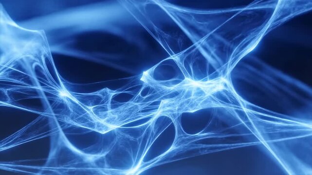 Luminous blue translucent web stretches and shifts across a dark background, forming layered filaments, thin membranes, glowing intersections, and flowing organic curves