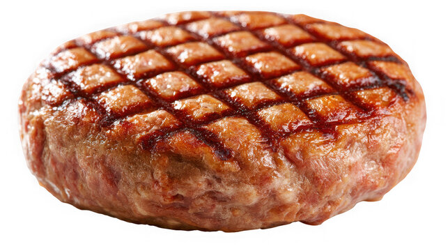 Grilled beef patty with diamond char marks on white background
