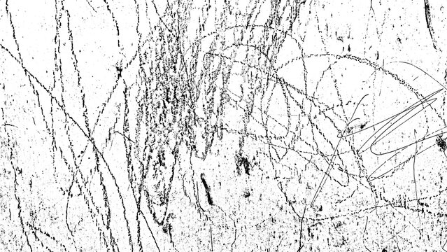 Abstract scribble scratch texture overlay design in black and white with transparent background for artistic projects.