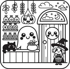 Fototapeta premium Halloween coloring page for kids with cute cottage, smiling pumpkins and friendly ghosts, black and white line art illustration