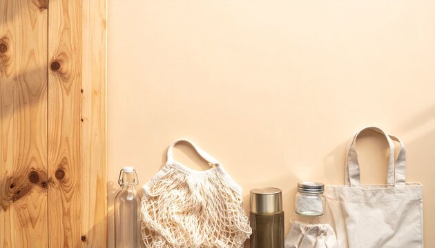 Neutral Toned Home D&Atilde;&copy;cor Items Arranged on Wooden Surface Against Cream Wall
