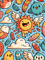 Fototapeta premium A cheerful sun with wings smiles among colorful birds and feathers on a bright blue background