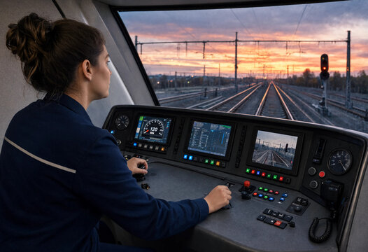 Woman operates train controls at dusk