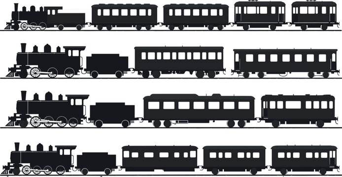 Vintage steam train silhouette set featuring classic locomotives passenger carriages and railway cars isolated white background
