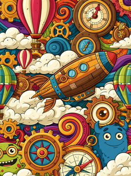 A colorful steampunk scene with a rocket, hot air balloons, gears, and whimsical characters floating among clouds and mechanical elements.