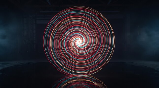 Vibrant light painting spiral glowing in a dark industrial space
