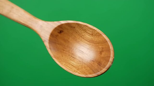 Wooden cooking spoon rotating on green screen
