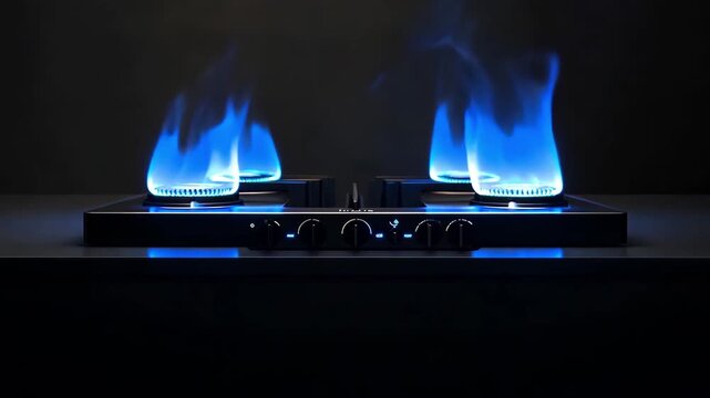 Two gas burners are lit in a kitchen showing blue flames rising from the burner tops