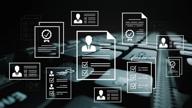 Digital concept of job recruitment with resumes, documents, and applications floating over a blurred keyboard background showcasing modern technology in hiring process. Entropy.