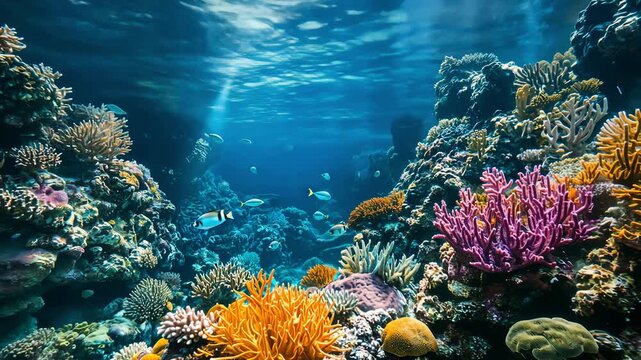 Coral reefs are filled with colorful species and fish swim among vibrant corals in clear waters