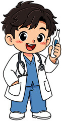 Fototapeta premium Cute Young Male Doctor Holding Digital Thermometer with Hand in Pocket Vector Illustration