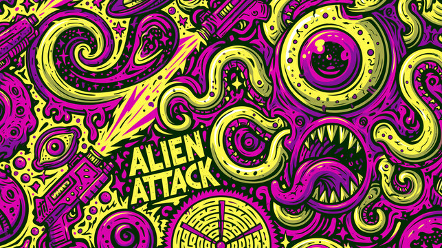Alien attack scene with swirling tentacles guns eyes and sharp teeth in vibrant purple and yellow comic style