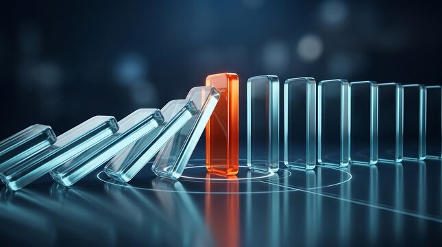 Strategic business intervention concept with glowing orange domino piece standing amidst falling glass dominoes representing leadership and change management 3D render