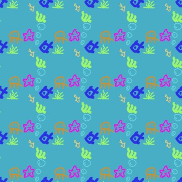 Cute sea life seamless pattern with jellyfish, starfish, fish and seaweed, underwater ocean background 