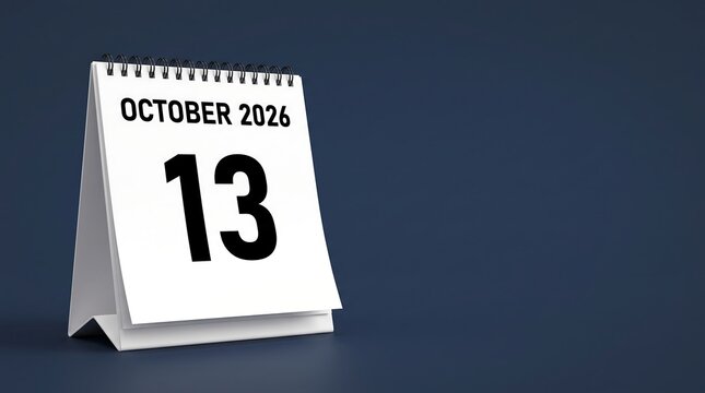 October 13 2026 desk calendar on dark blue background. Spiral flip calendar showing October 13th date for scheduling. Professional office stationery for business planning and appointments.