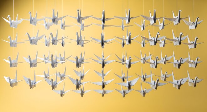 Many white paper origami cranes hanging against a yellow background