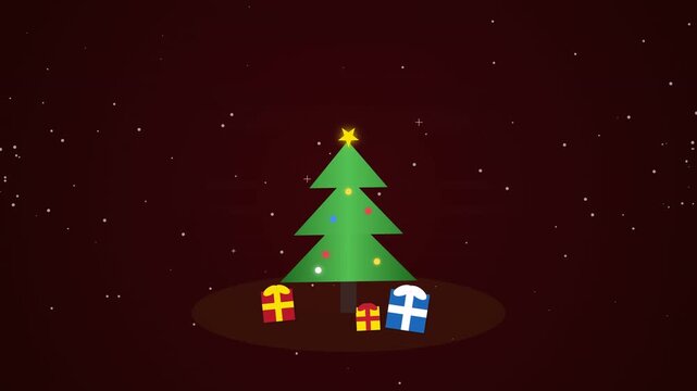 A stylish minimalist animated Christmas tree with glowing ornaments and presents beneath it on a dark background with falling snow perfect for festive holiday designs.