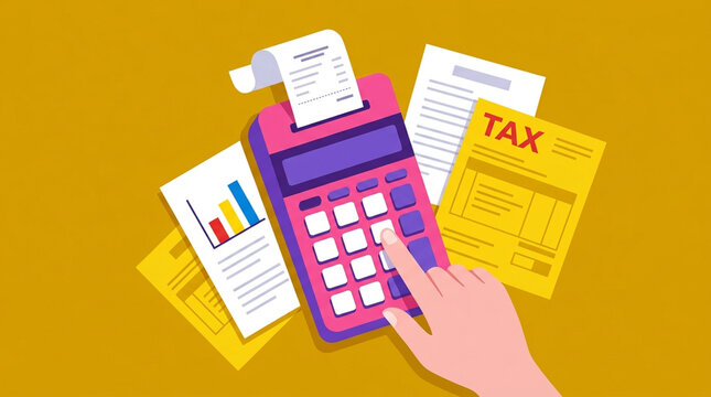 Financial Accounting and Tax Calculation Concept with Hand Pressing Calculator and Documents Illustration