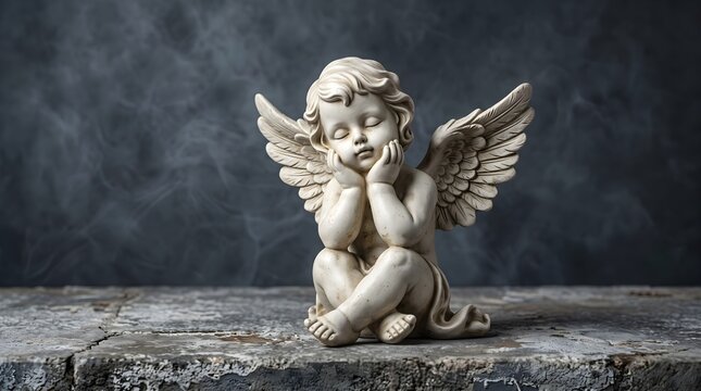 Small stone cherub angel figurine resting chin on hands with eyes closed sits peacefully upon a weathered rustic wooden surface against a dark smoky background with soft cinematic rim lighting