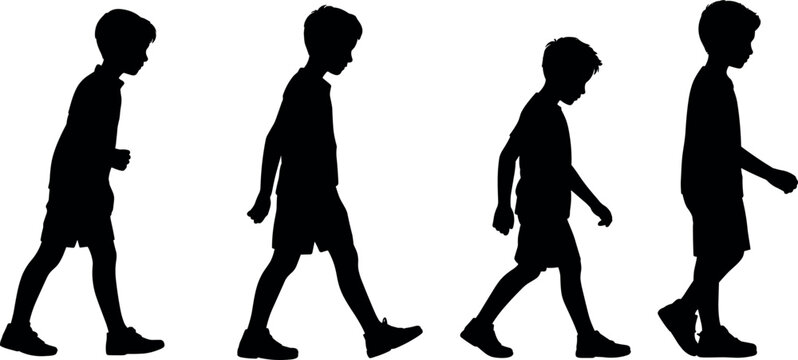 Young boy walking sequence vector silhouettes set showing child stride motion isolated on white background