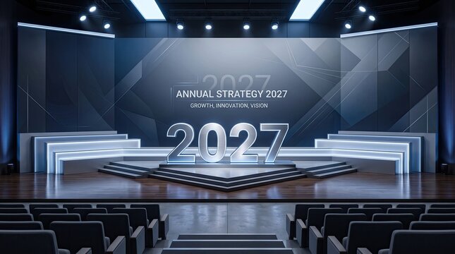 Modern stage setup for a corporate event with 2027 annual strategy branding and professional lighting in a large auditorium