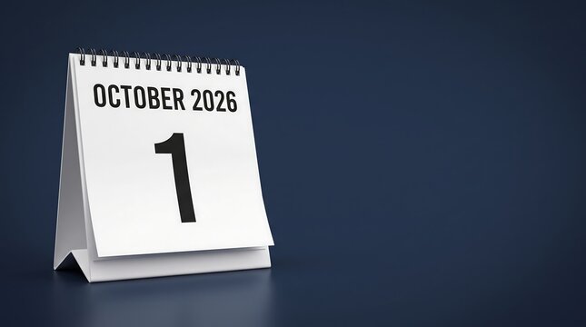 October 2026 calendar page showing day 1, spiral desk calendar on dark blue background, professional time management and scheduling concept, minimalist monthly date display for planning