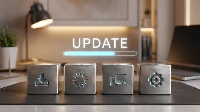 Software Update And System Maintenance Concept With Metallic Cubes And Progress Bar