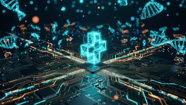Digital technology glowing over computer circuit board with glowing medical cross symbol floating in dark space, representing healthcare innovation and futuristic science advancement concepts.