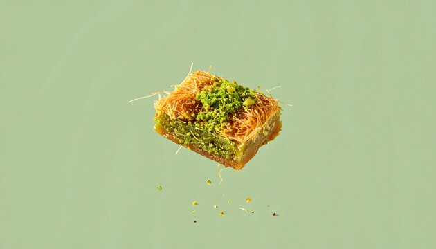 Traditional Middle Eastern pistachio baklava pastry floating against a soft minimalist green studio background