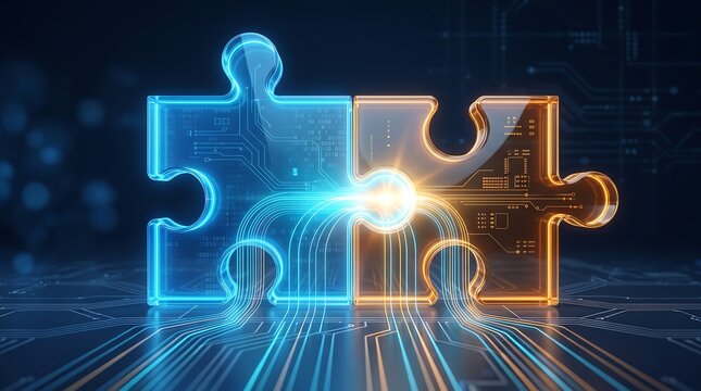 Two glowing puzzle pieces connected by digital circuits representing data integration and technological synergy in professional business environment with dark background and light trails