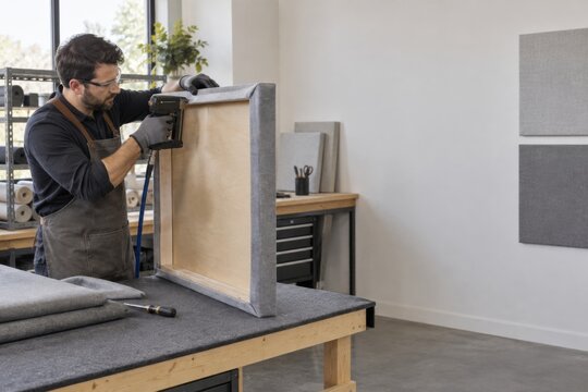 Craftsman upholstering fabric panel in professional studio