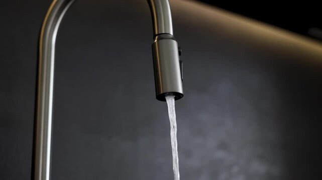 Close-up cinematic footage of a modern faucet with water flowing in a contemporary interior. The sequence shows the faucet being turned on, water running steadily, being turned off.