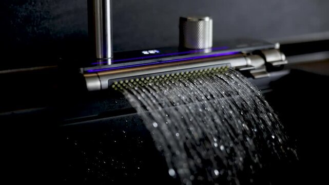 Close-up cinematic footage of a modern faucet with water flowing in a contemporary interior. The sequence shows the faucet being turned on, water running steadily, being turned off.