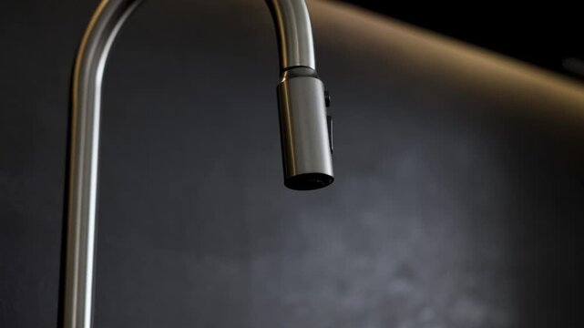 Close-up cinematic footage of a modern faucet with water flowing in a contemporary interior. The sequence shows the faucet being turned on, water running steadily, being turned off.